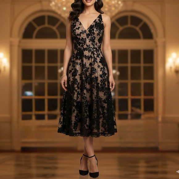 Dress the Population Black Sequin Lace Fit & Flare Midi Dress Size Medium - Picture 1 of 16